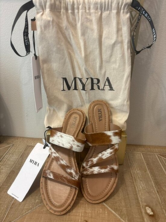 Myra Bag Shoes - NEW Myra Ranch Ridge Hair-On Cowhide Leather Slides Brown White Sizes: 8-10